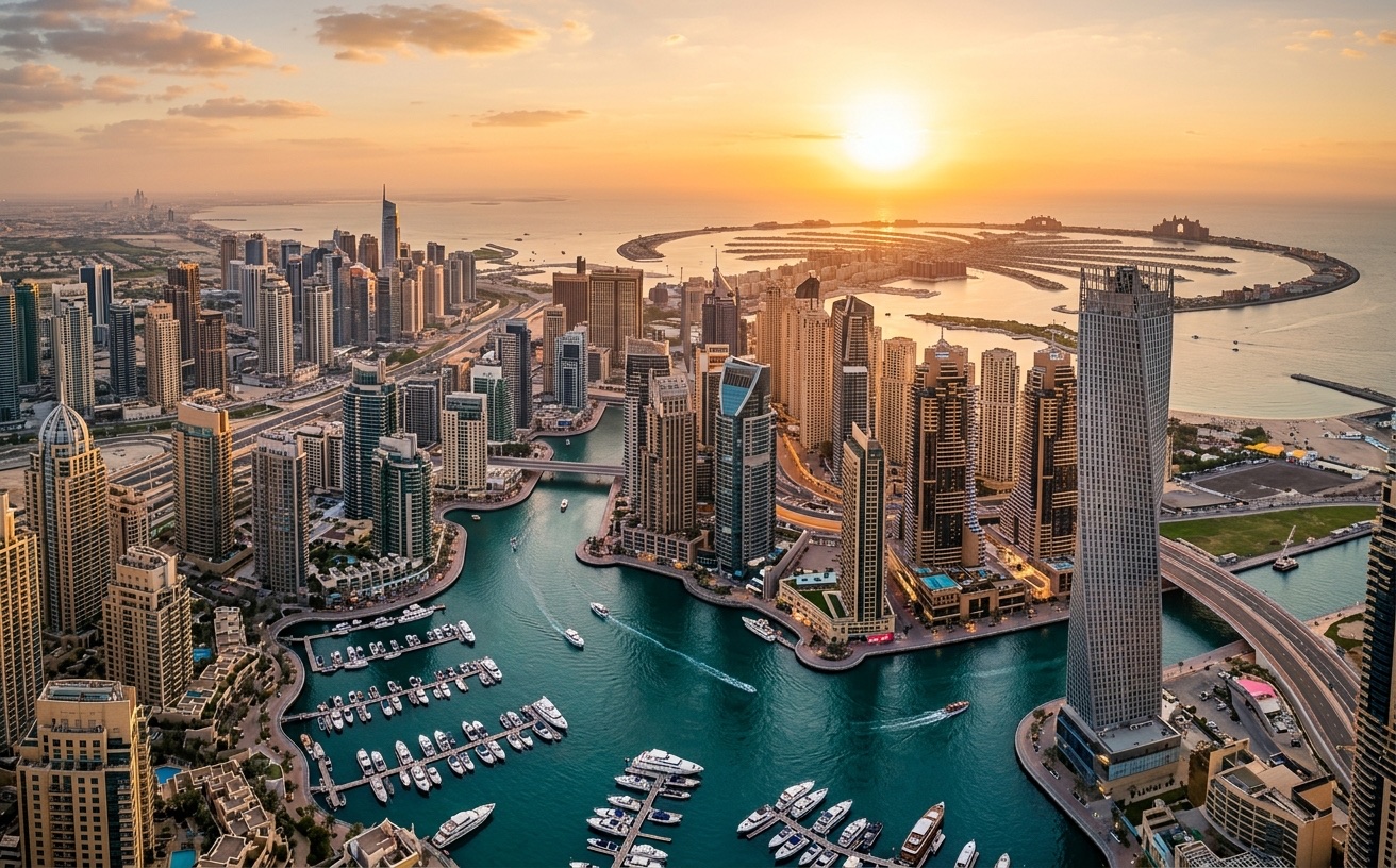 Aerial view of Dubai Marina skyline at golden hour
