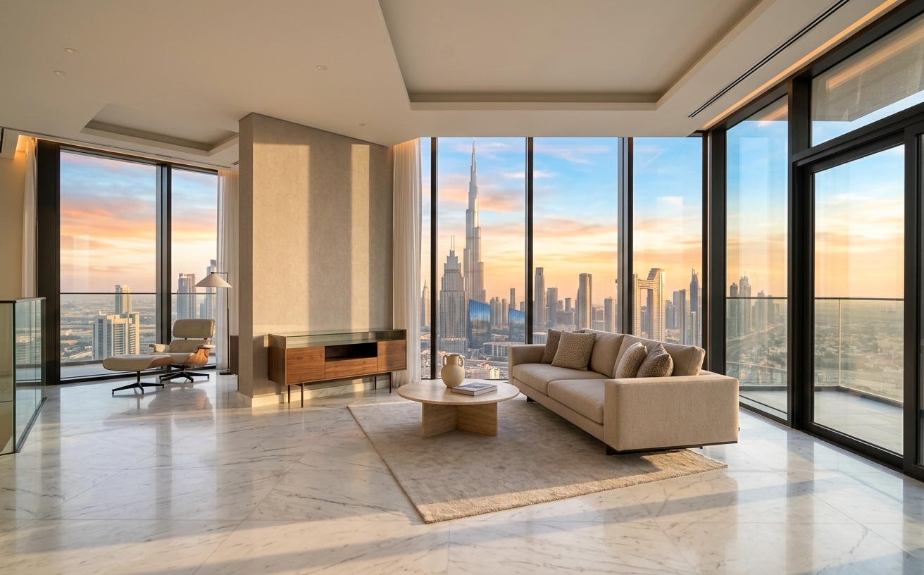 Luxury Dubai apartment interior with city view