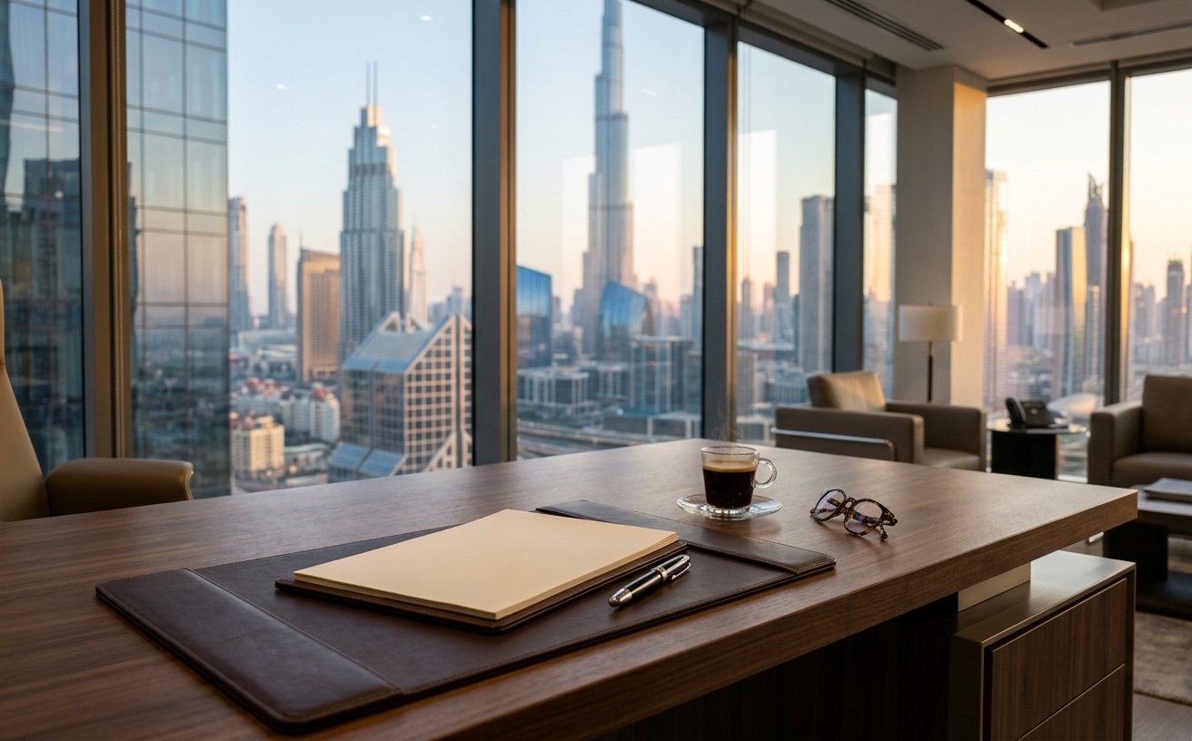 Dubai business district and financial documents